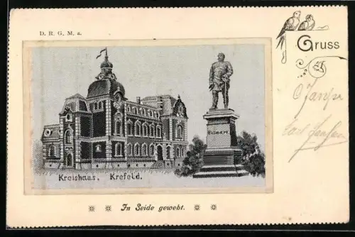 Seiden-AK Krefeld, Kreishaus mit Bismarck Denkmal