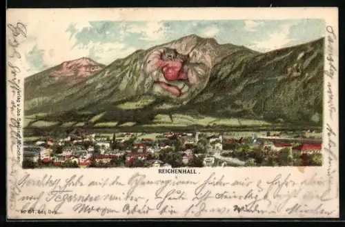 Lithographie Reichenhall, Seiling Nr. 61, Berggesicht über dem Ort, Berggesichter