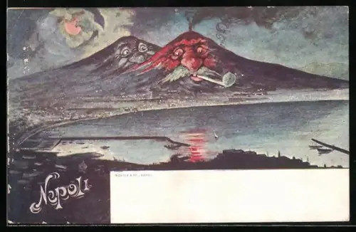 Künstler-AK Napoli, Gesamtansicht mit dem Vesuv, Berg mit Gesicht / Berggesichter