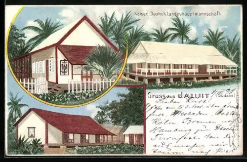 Lithographie Jaluit, Gebäudeansichten der Kaiserl. Deutsch. Landeshauptmannschaft mit Palmen