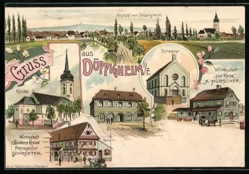 Lithographie Düppigheim i. E., Synagoge, Gasthaus zur Rose von A. Hübscher, Gasthaus Goldene Krone, Kirche