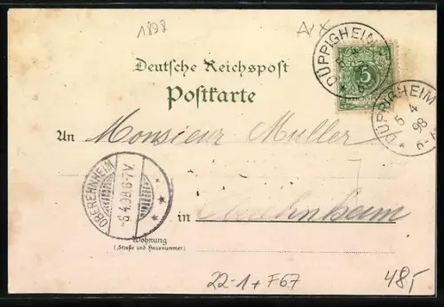 Lithographie Düppigheim i. E., Synagoge, Gasthaus zur Rose von A. Hübscher, Gasthaus Goldene Krone, Kirche