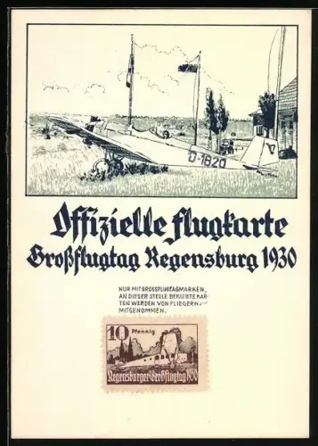 Künstler-AK Regensburg, Grossflugtage 1930, Flugzeug auf dem Startfeld
