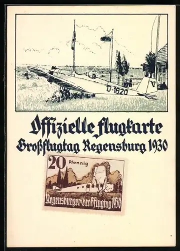 Künstler-AK Regensburg, Grossflugtag 1930, offizielle Flugkarte, Flugzeug