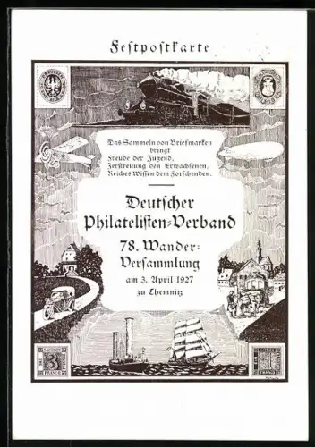 AK Chemnitz, 78. Wanderversammlung Deutscher Philatelisten-Verband 1927, Festpostkarte