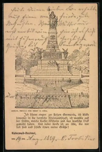 Vorläufer-Lithographie Niederwald-Denkmal, 1889, Besucher vor dem Denkmal
