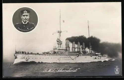 AK Kriegsschiff S. M. S. Scharnhorst des Ostasiengeschwaders, Porträt Kapitän Vizeadmiral Graf v. Spee