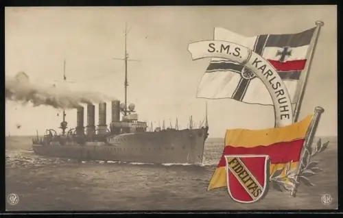 AK Kriegsschiff S. M. S. Karlsruhe, Reichskriegsflagge und Wappen