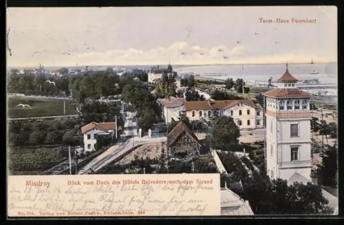 AK Misdroy, Blick vom Dach des Hotels Belvedere zum Strand, Turm-Haus Fonrobert