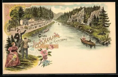 Lithographie Karlsbad, Gasthaus Hans Heiling, Ruderpartie