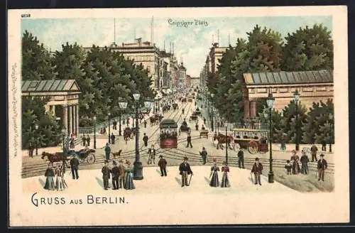 Lithographie Berlin, Leipziger Platz mit Strassenbahn