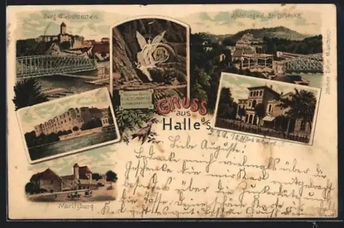 Lithographie Halle a. d. Saale, Burg Giebichenstein, Reilsburg v. d. Bergschänke, Moritzburg