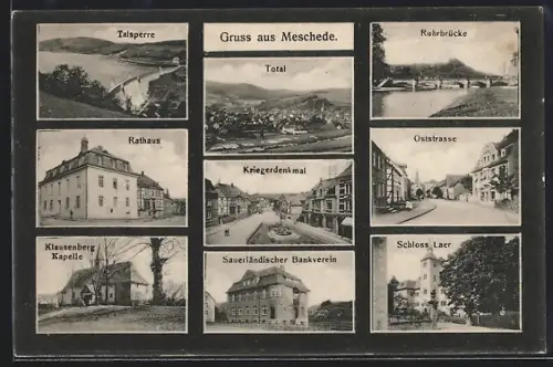 AK Meschede, Rathaus, Kriegerdenkmal, Ruhrbrücke, Sauerländischer Bankverein, Schloss Laer