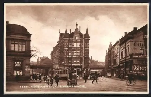 AK Essen, Hotel Reichskrone in der Viehoferstrasse Ecke Stoppenbergerstrasse, Strassenbahn