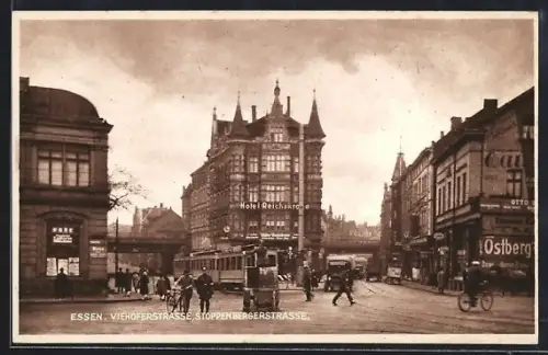 AK Essen, Hotel Reichskrone in der Viehoferstrasse, Strassenbahn