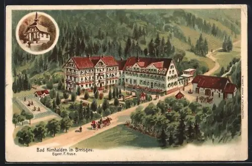 Lithographie Bad Kirnhalden im Breisgau, Kurhaus, Eigent. F. Huse, Gartenanlage, Nebengebäude