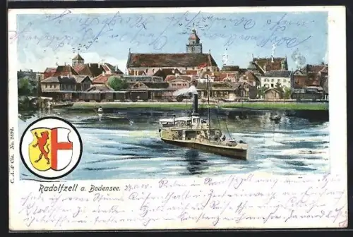 AK Radolfzell a. Bodensee, Stadtansicht mit Hafen und Dampfschiff