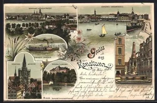 Lithographie Konstanz, Seestrasse, Landungssteg, Münster, Schloss Mainau, Dampfer, Kaiserbrunnen