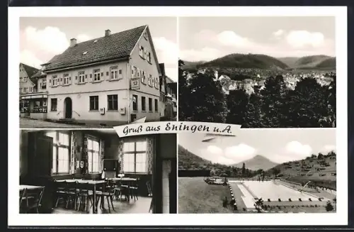 AK Eningen u. A., Gasthaus und Bäckerei Zum Tal, Bes. Otto Roth, Schwimmbad, Ortsansicht