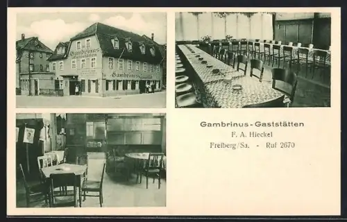AK Freiberg /Sa., Gambrinus-Gaststätten, Innenansichten, F. A. Hieckel