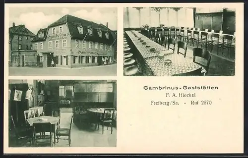 AK Freiberg /Sa., Gambrinus-Gaststätten, Gasthaus, Innenansichten, Bes. F. A. Hieckel