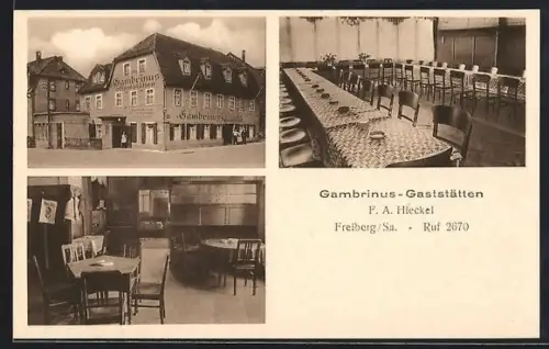 AK Freiberg /Sa., Gambrinus-Gaststätten, Innenansichten, Bes. F. A. Hieckel