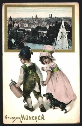 AK München, Stadtpanorama, Kinder in Tracht, Dackel