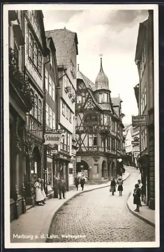 AK Marburg a. d. Lahn, Strasse Wettergasse, Fachwerkhäuser