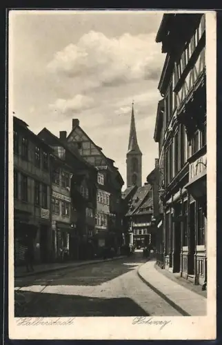 AK Holzminden, Strasse Hoheweg in der Altstadt, Kirche, Strassenansicht