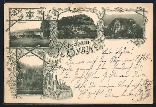 Vorläufer-AK Oybin, 1895, Gasthaus Kretscham, Oybinfelsen, Kloster Oybin, Felslandschaft