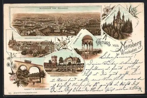 Vorläufer-Lithographie Wiesbaden, 1894, Kochbrunnenplatz, Restaurant auf dem Neroberg, Griech. Kapelle, Viadukt