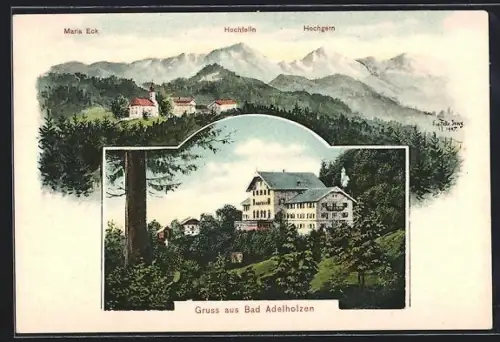 Künstler-AK Eugen Felle: Bad Adelholzen, Hotel, Ortspartie mit Maria Eck, Hochfelln und Hochgern