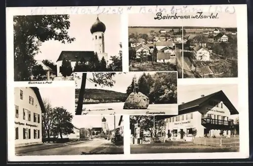 AK Baierbrunn im Isartal, Gasthaus zur Post, Bäckerei und Lebensmittelgeschäft, Kirche