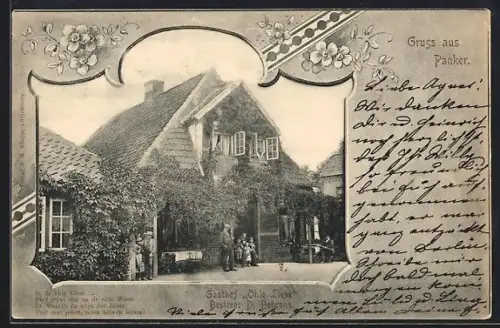 Lithographie Panker, Gasthof Ohle Liese D. Behrens, Blumen, Passepartout