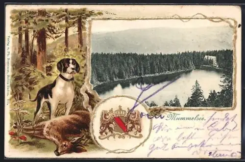 Passepartout-Lithographie Mummelsee, Panorama, Wappen, Hund mit erlegtem Rehbock