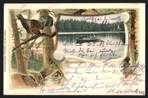 Passepartout-Lithographie Mummelsee, Panorama mit Boot, Auerhahn auf einem Ast
