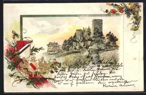 Passepartout-Lithographie Bühl /Baden, Burg Altwindeck, Wappen