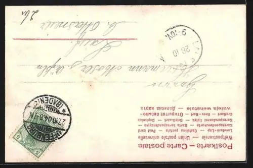 AK Offenburg, Schriftzug Viele Grüsse mit Denkmal, Kirche und Strassenpartie