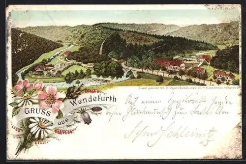 Vorläufer-Lithographie Wendefurth, 1894, Panorama mit Strassenpartie