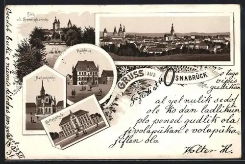 Lithographie Osnabrück, Rathaus, Marienkirche, Handelsschule