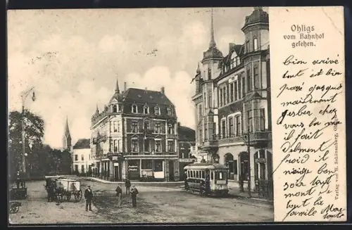 AK Ohligs, Strassenpartie mit Strassenbahn vom Bahnhof gesehen