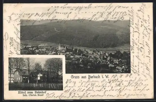 AK Burbach i. W., Hotel zum Bahnhof, Teilansicht mit Kirche