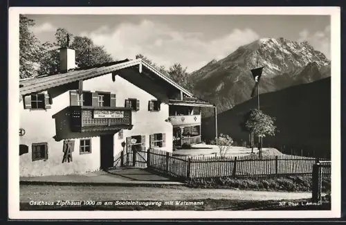 AK Ramsau / Berchtesgaden, Gasthaus Zipfhäusl am Sooleleitungsweg mit Watzmann