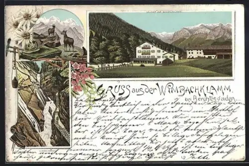 Lithographie Berchtesgaden, Gasthof zur Wimbachklamm