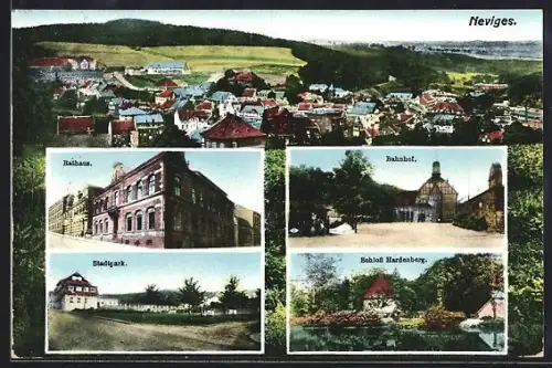 AK Neviges, Rathaus, Schloss Hardenberg, Bahnhof, Passepartout