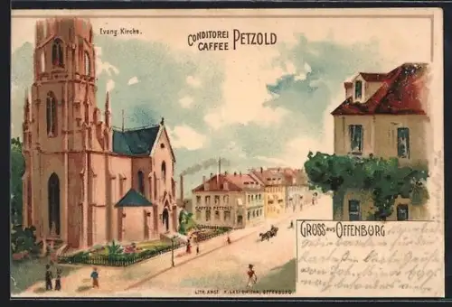Lithographie Offenburg, Konditorei-Cafe Petzold und Evangelische Kirche