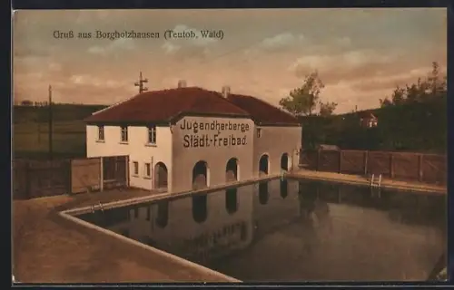 AK Borgholzhausen / Teutob. W., Im städt. Freibad der Jugendherberge