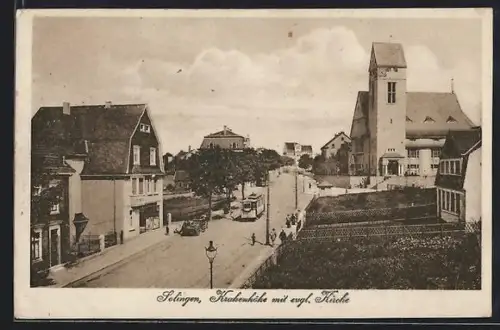 AK Solingen, Strasse Krakenhöhe mit ev. Kirche
