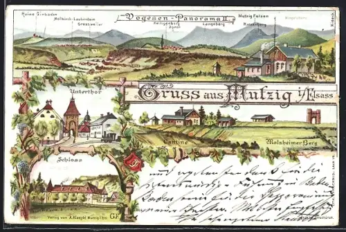 Lithographie Mutzig i. Elsass, Unterthor, Schloss, Cantine, Molsheimer Berg