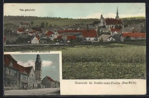 AK Soultz-sous-Forêts, Vue générale et épicerie Fred. Huterich